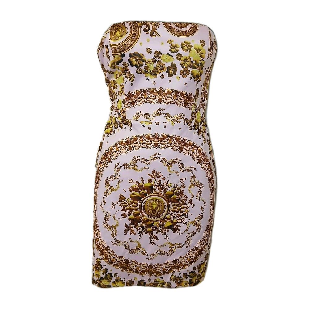 Fashion Nova Strapless Baroque Print‎ Bodycon Dress Pink Gold Medallion Size S